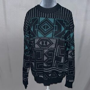 Vintage 1980s Black and Teal Geometric Patterned Sweater